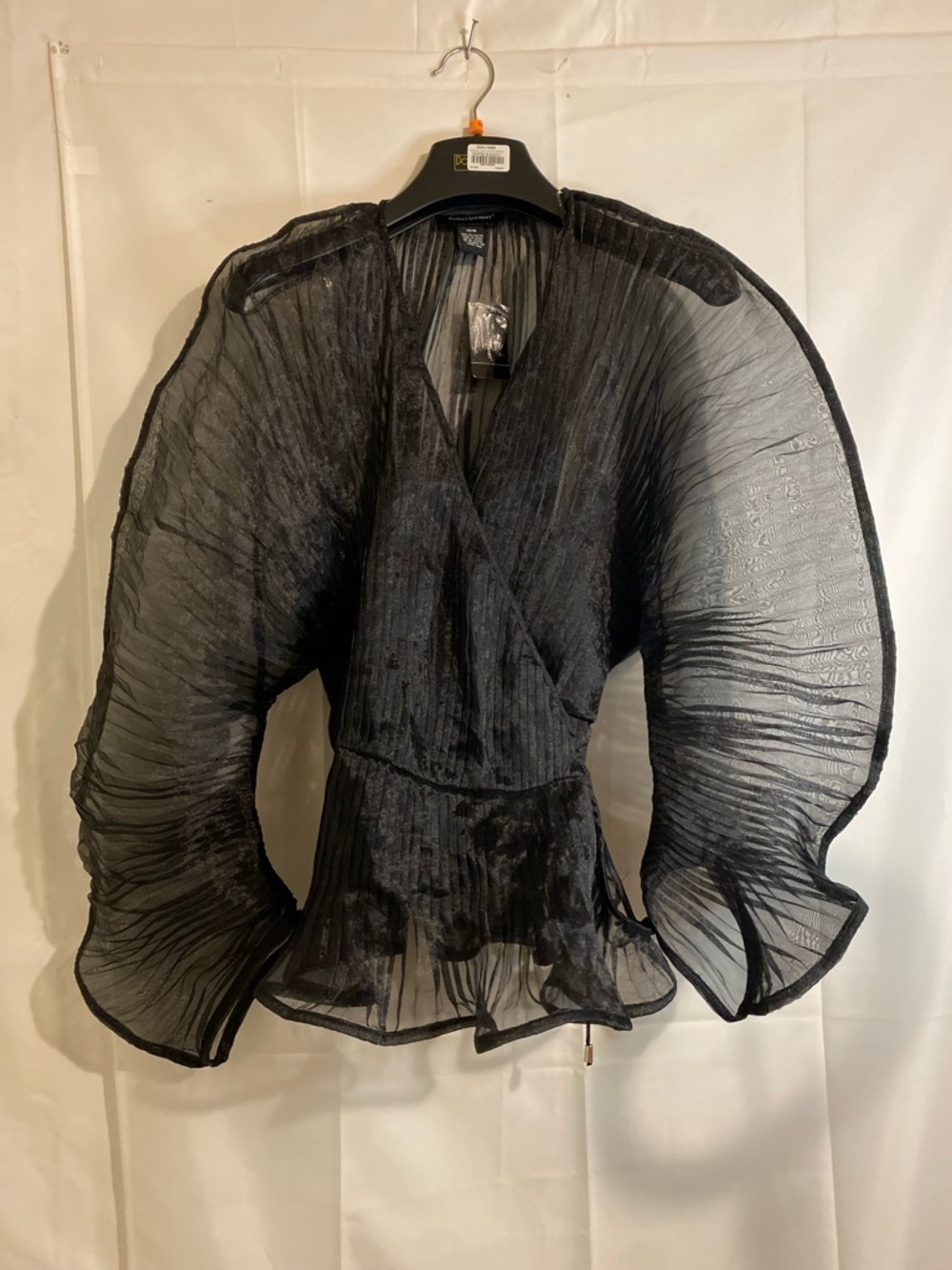 Ashley Stewart Black Sheer Pleated Wrap Blouse